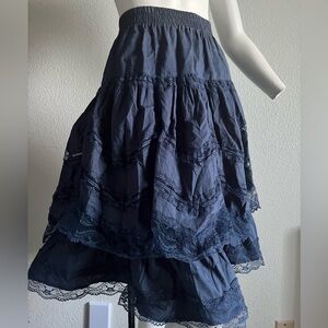 VTG Japanese Indigo Tiered Lace Prairie Skirt Cottage Whimsigoth Mori Gunne Sax